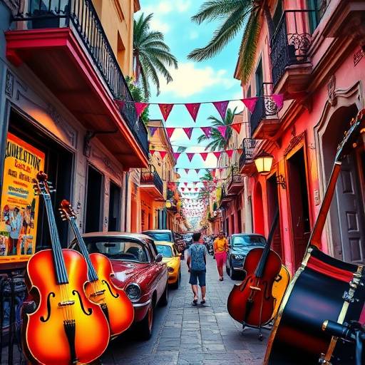 Album cover for 'Rhythms of Little Havana' by the band Calle Ocho, depicting vibrant street scenes and musical instruments.