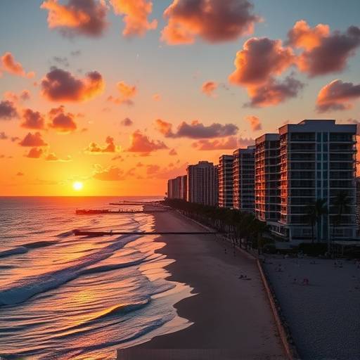Album cover for 'Sunset Serenade' by Camila Diaz, featuring a warm, golden sunset over Miami Beach.