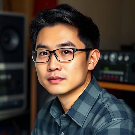 Headshot of David Chen, Mastering Engineer. He is focused and working on audio equipment.