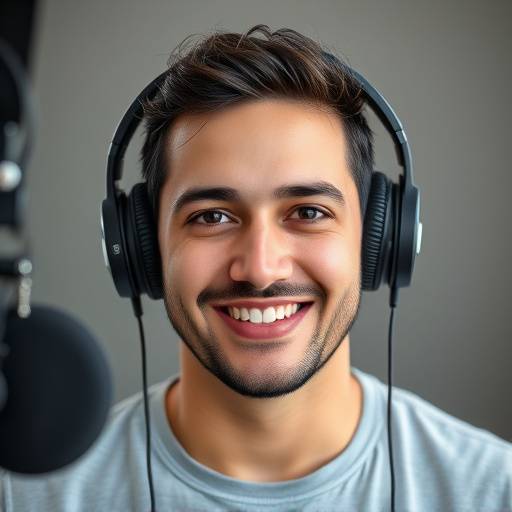 Headshot of Javier Rodriguez, Chief Sound Engineer. He is smiling slightly with headphones around his neck.