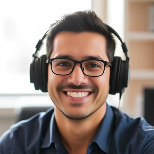 Headshot of Javier Rodriguez, Chief Sound Engineer. He is smiling and wearing headphones.