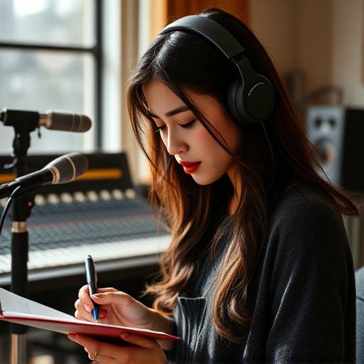 Headshot of Mia Wong, Intern. She is taking notes while observing a mixing session.