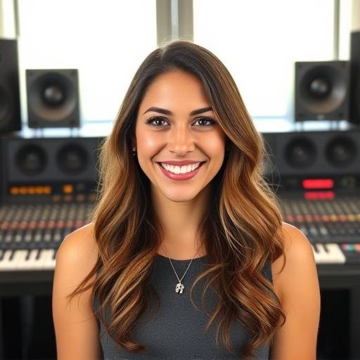 Headshot of Sofia Alvarez, Music Producer. She is smiling warmly in front of a large mixing console.