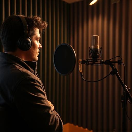 Image of a voiceover artist working on a audiobook recording inside professional recording booth.