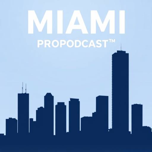 Podcast cover art for 'Miami Real Estate Insights', featuring a modern skyscraper silhouette against a skyline background.